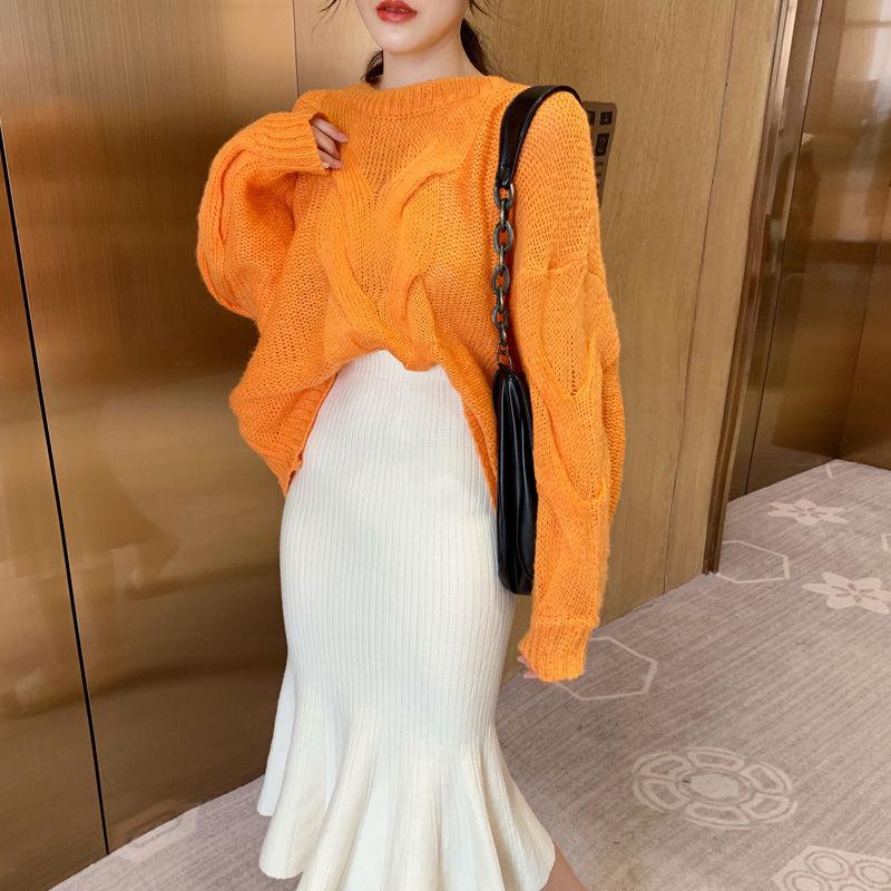 Spring and Autumn Versatile High Waist Lotus Leaf Edge Knitted Half Skirt for Women Medium To Long Hip Wrapping Fish Tail Skirt