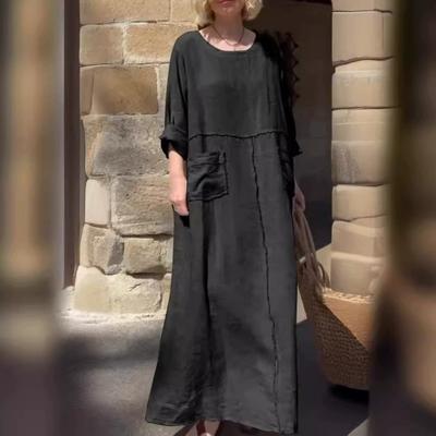Vestido feminino de verão cor sólida gola redonda casual plissado bolso lateral duplo