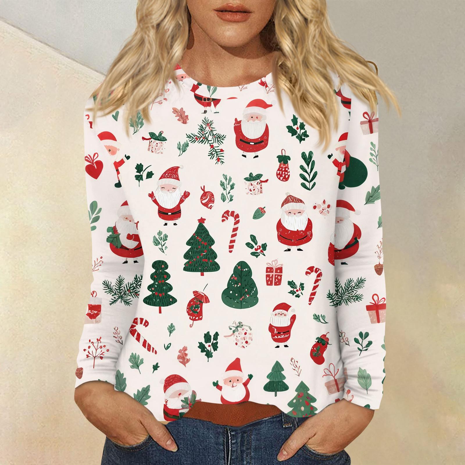 

Женская мода повседневный рождественский принт круглый вырез длинный рукав пуловер топ L