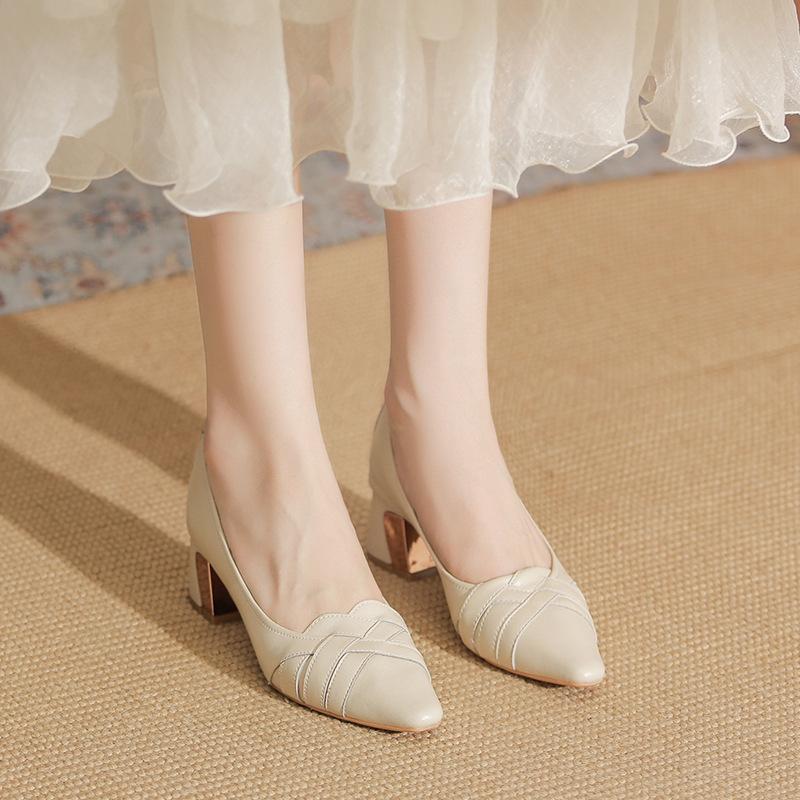 

Leather bag head thick heel sandals women s autumn new woven hollow square head single shoes 39