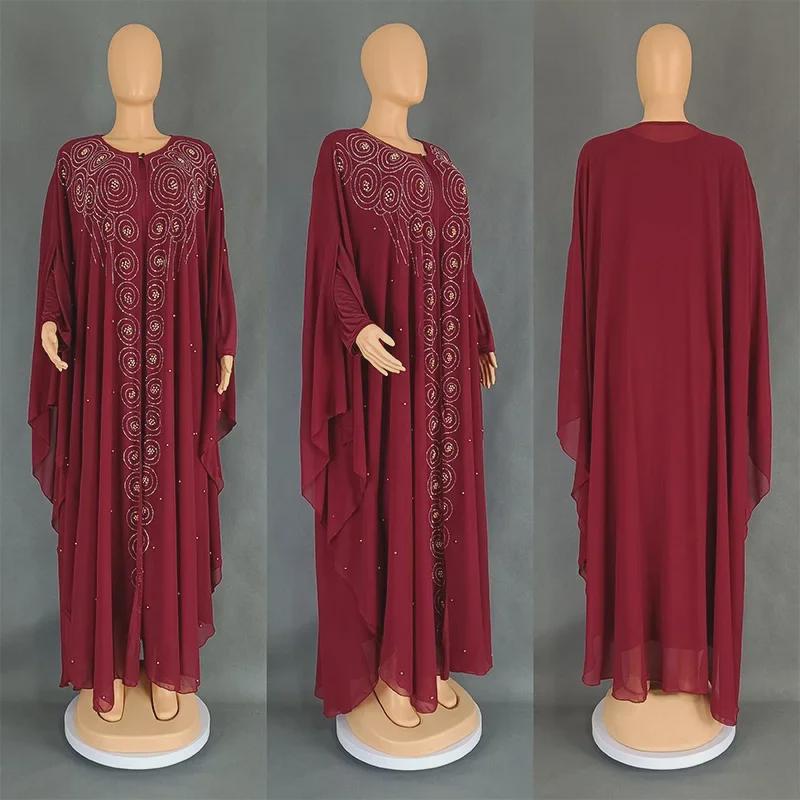 

Шифоновая абайя больших размеров для африканских и арабских женщин с отделкой горячими бриллиантами 8943# One Size вино красного