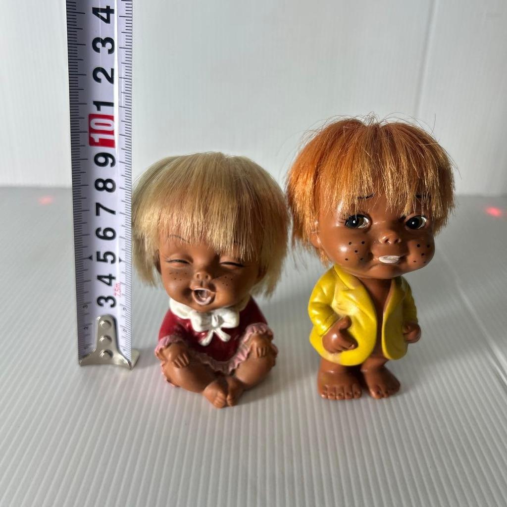 [Used] Showa Retro Vintage Japanese Sofubi Dolls Set of 2 Rooted Hair Painted Eyes