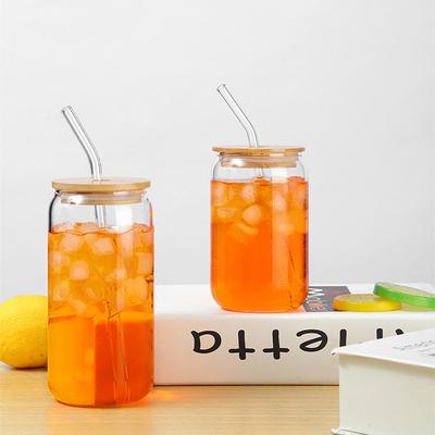 Hochwertiger Dosenförmiger Cola-Becher für den Haushalt mit Holzdeckel Transparentes Glas Strohhalmbecher Saftgetränke Einschichtiger Becher