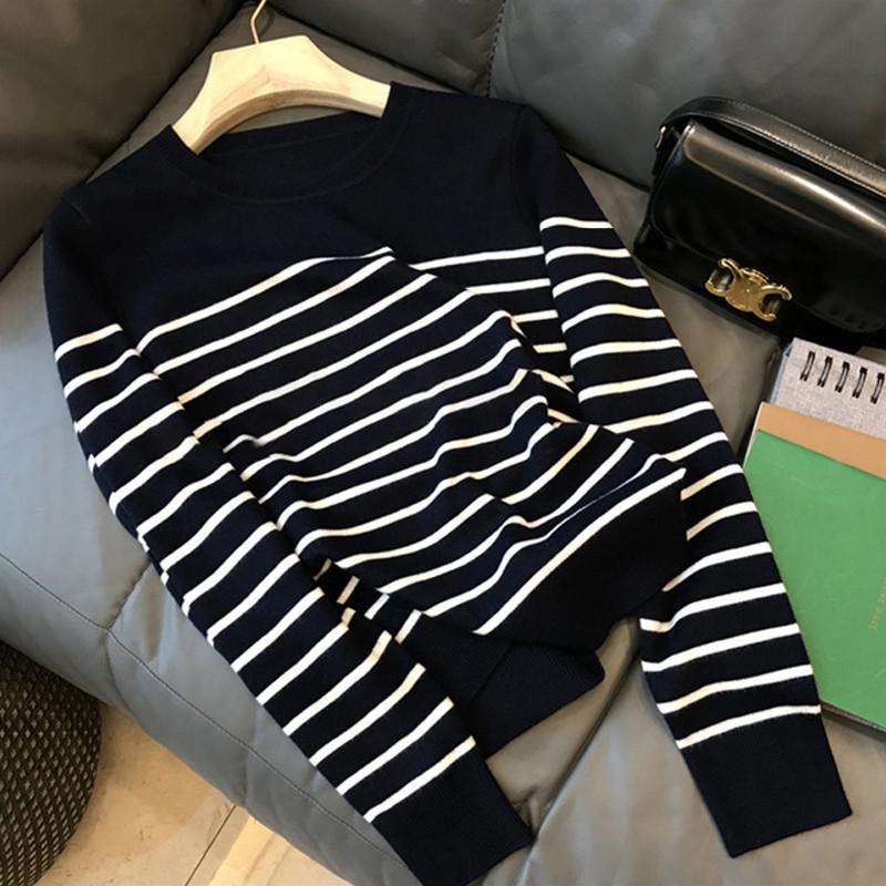 Women's Striped Knitted Sweater Spring and Autumn Long Sleeved Sweater Women's Base Shirt Sweater