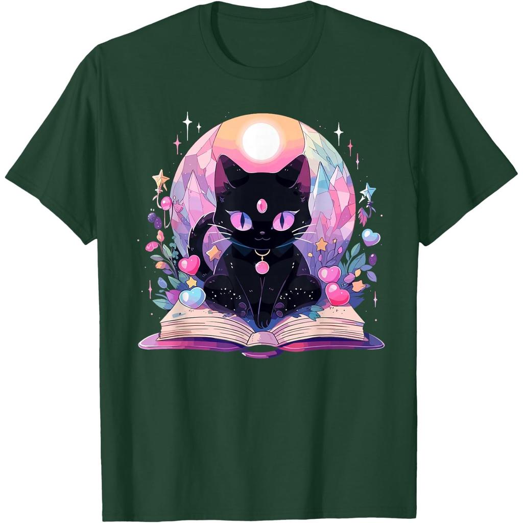 Book Lover Crystal Witchy Cute Black Cat Kawaii Pastel Goth T-Shirt