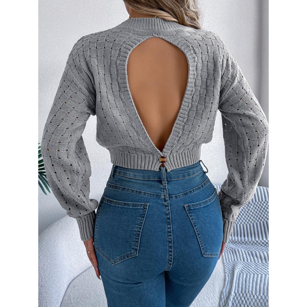 HNXC Autumn and Winter Sexy Backless Button Cutout Long-sleeved Pullover Sweater for Women