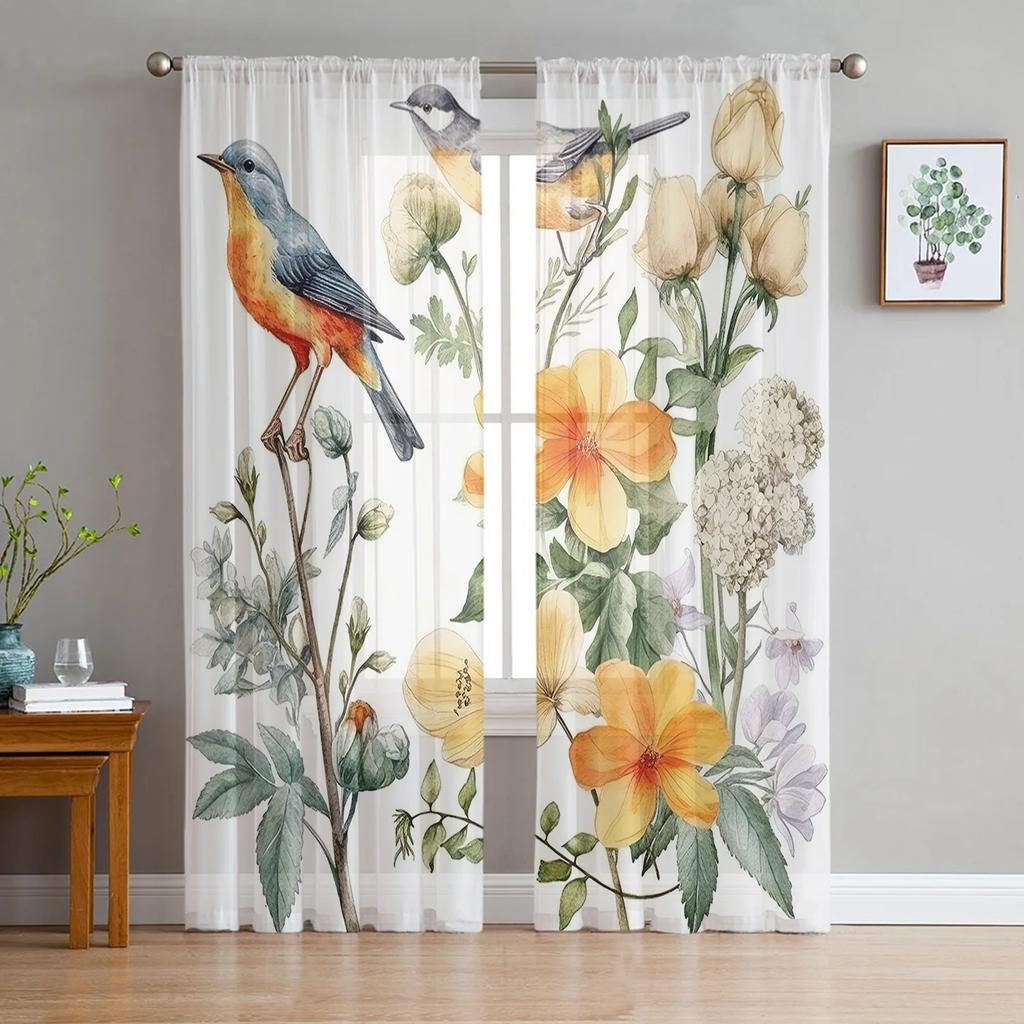 Summer Green Leaves Bird Watercolor Sheer Curtains for Living Room Decoration Window Curtain Kitchen Tulle Voile Organza Drapes