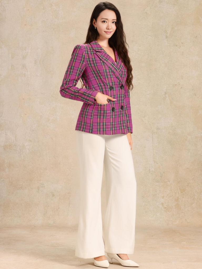 Allegra K Christmas Checkered Jacket, Tailored Blazer, Outerwear for Spring/Autumn, Office Casual, Women's, Hot Pink, Size S