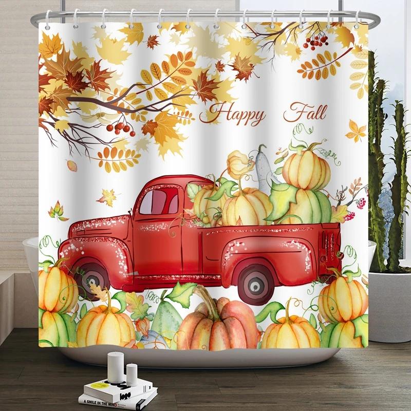 Hello Fall Shower Curtain Autumn Maple Leaves Pumpkin Bathroom Decor Polyester Fabric Cloth Shower Curtain With Hooks Room Decor