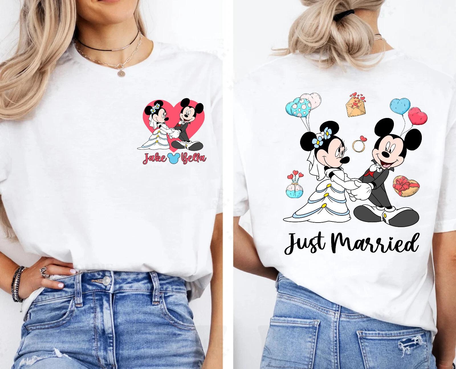 Custom Just Married Disney Couple Mickey and Minnie Matching Unisex Shirt 2XL