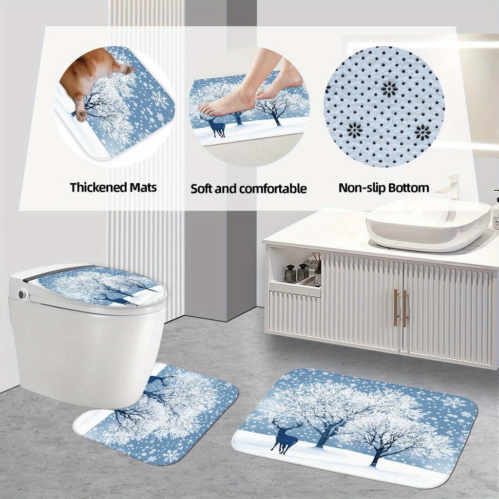 4Pcs Bathroom Shower Curtain Set Winter Wonderland Print Bathroom Curtain With 12 Hooks Non Slip Rugs Toilet Cover Mat Bathroom Partition