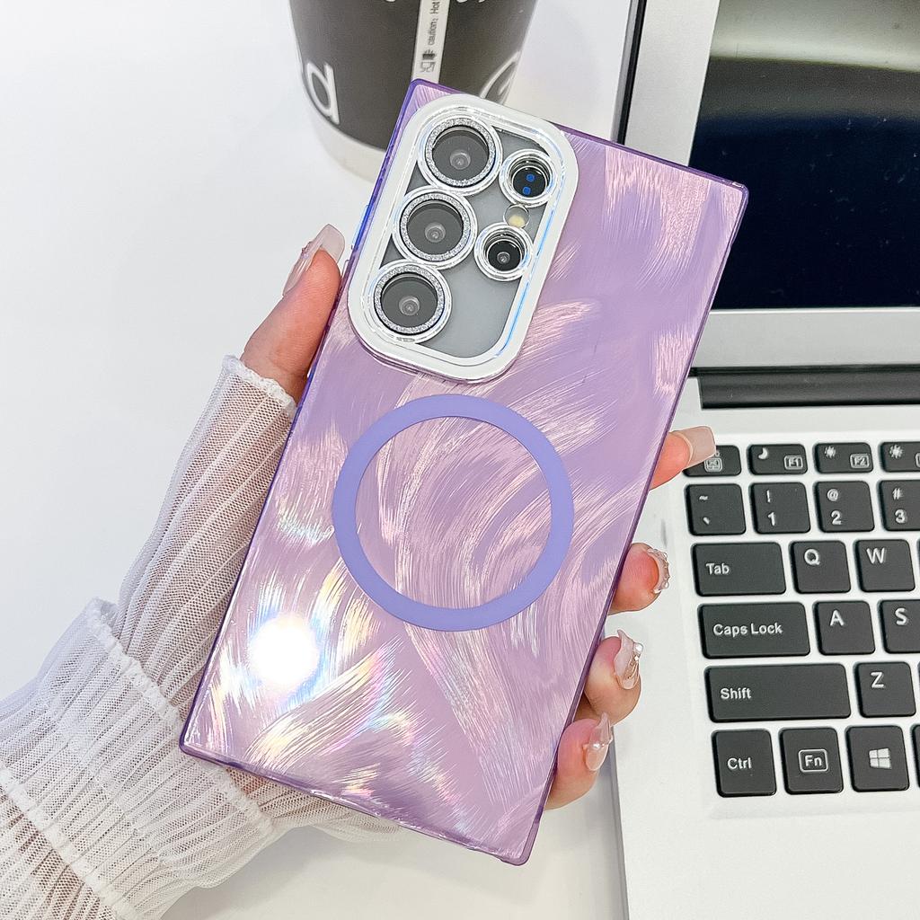 Feather Pattern Samsung S25ultra Suitable for S24plus Magnetic Phone Case A56 Electroplated Flash Powder Lens Film