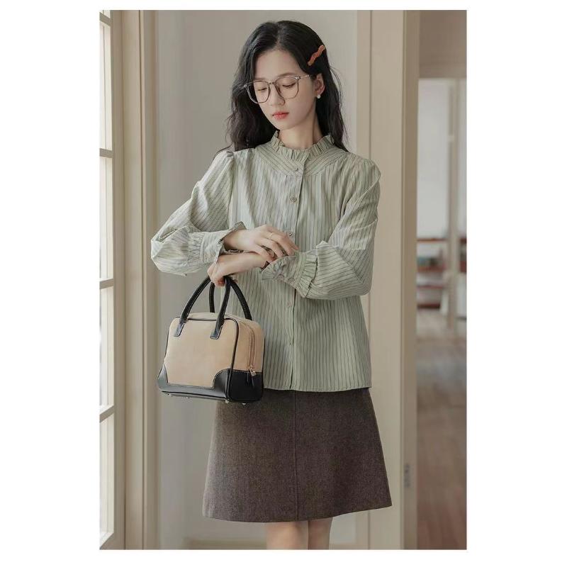 Loose Design Retro New French Ruffle Collar Long-sleeved Striped Shirt Top