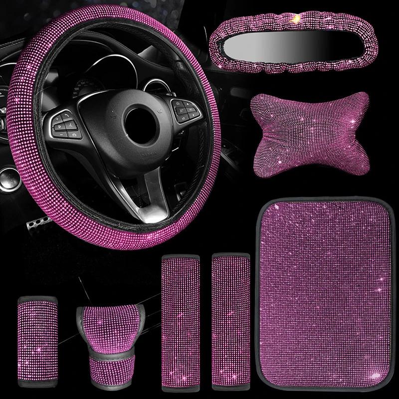 8Pcs Women Car Steering Wheel Cover Armrest Mat Seat Belt Gear Shift Pull Rearview Mirror Cover Headrest Car Accessories Set