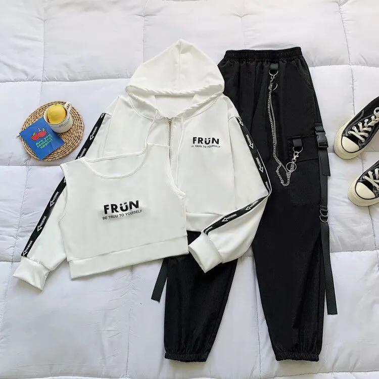 Pantalones Cargo Traje de Mujer Cárdigan Deportivo Suelto con Capucha + Chaleco + Pantalón Conjunto de Tres Piezas con Estampado de Letras en Cadena