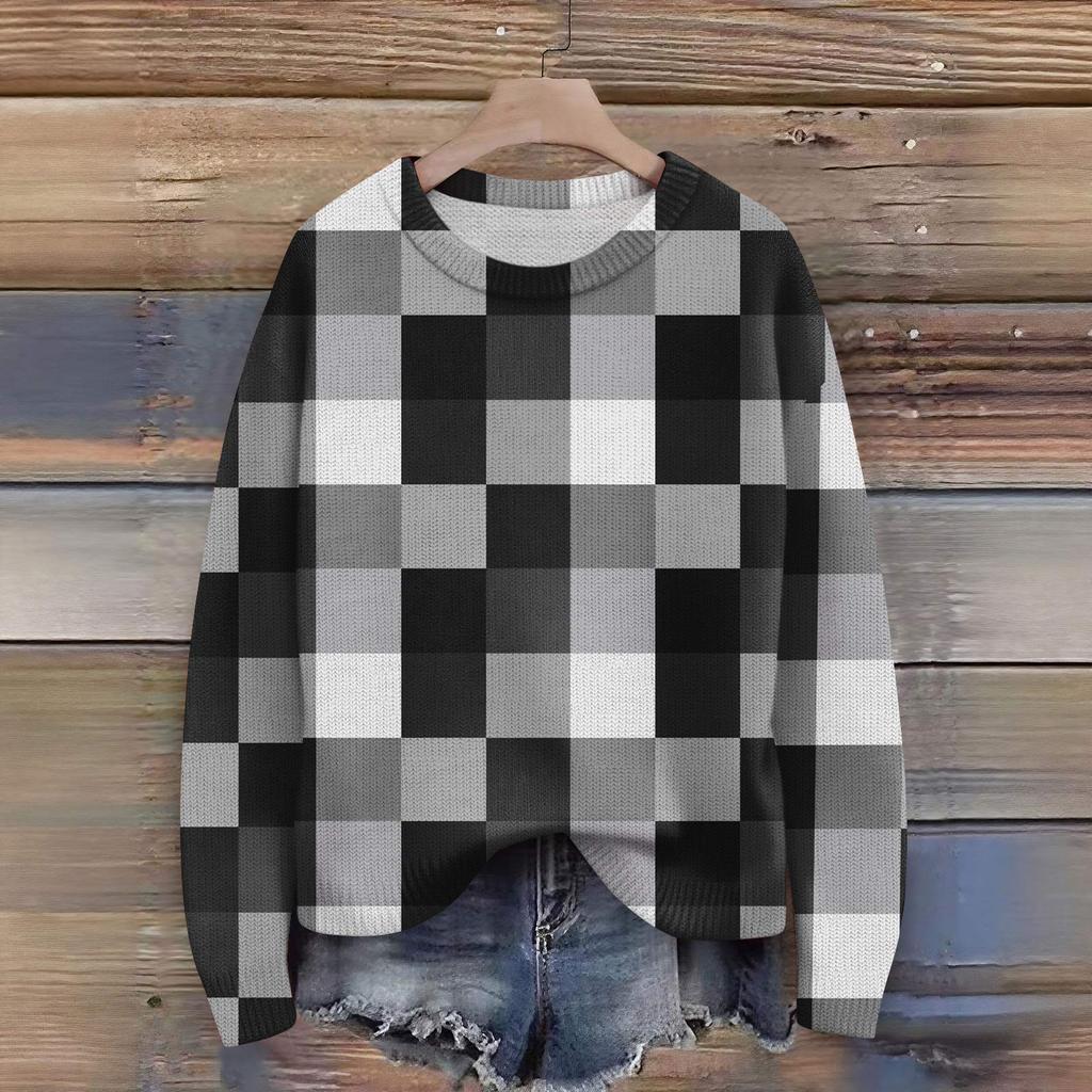Long Sleeve Pullover Sweaters For Women O Neck Casual Cute Printing Knit Oversized Sweater