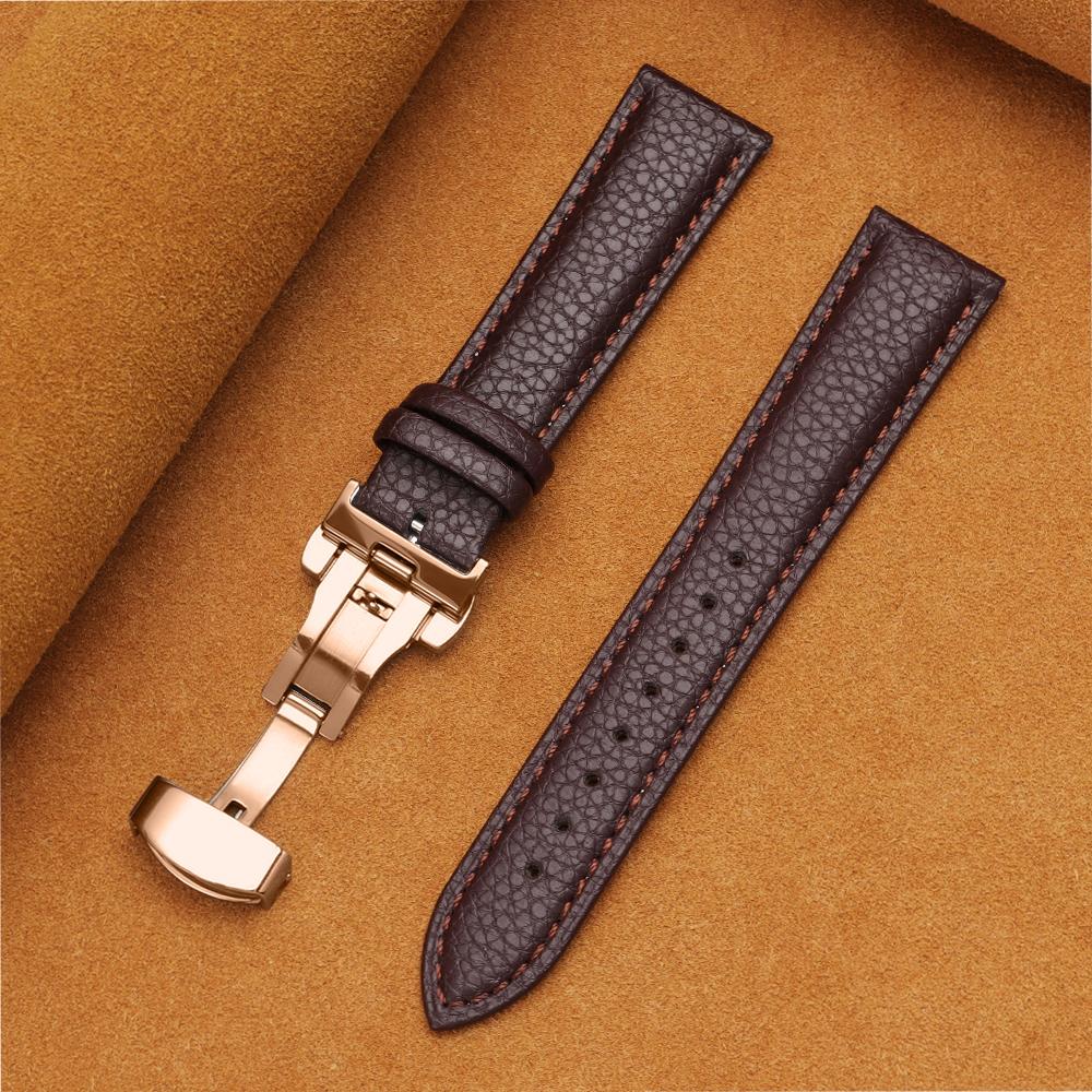 12/14/16/18/19/20/22mm Kalvskinnsklockarmband Litchimönstrad Rem Äkta Läder Armbandsurrem Fjärilsspänne Klocktillbehör
