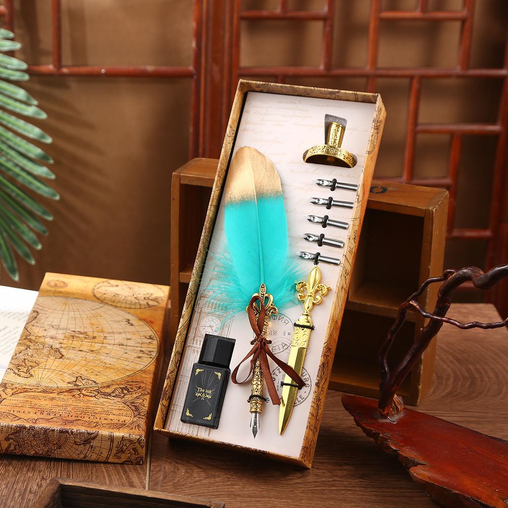 Retro Feather Pen Gift Box Set Feather Pen Student Birthday Gift Dipping Pen