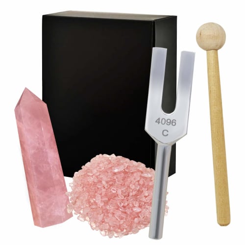 5-Piece Crystal Tuner Set with 4096Hz Tuning Fork and Natural Quartz Crystals for Purification, Relaxation, and Japanese Instructions Included, Rose Q