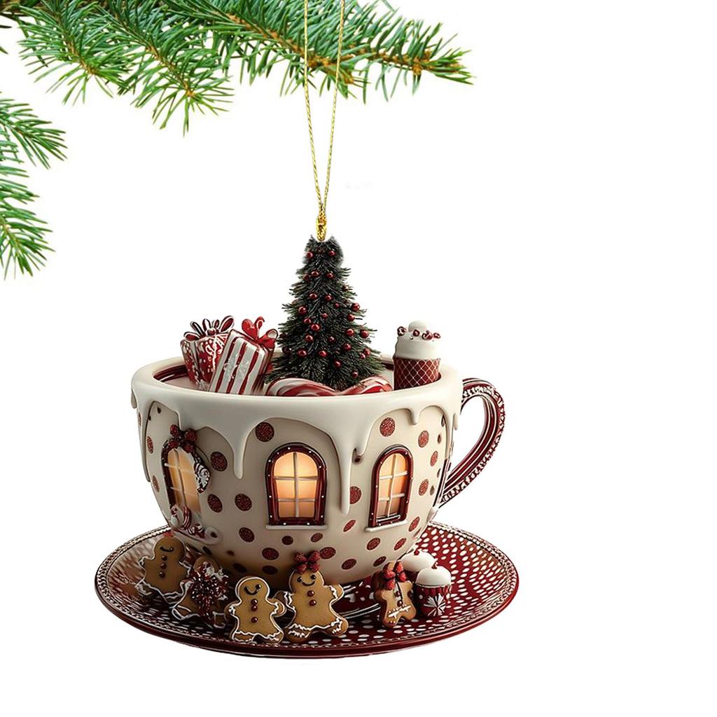 2D Acrylic Christmas Tree Pendant Ornaments Coffee Cup House Shape Decorative For Car Mirror Hanging 2025 Xmas Naviadad Party