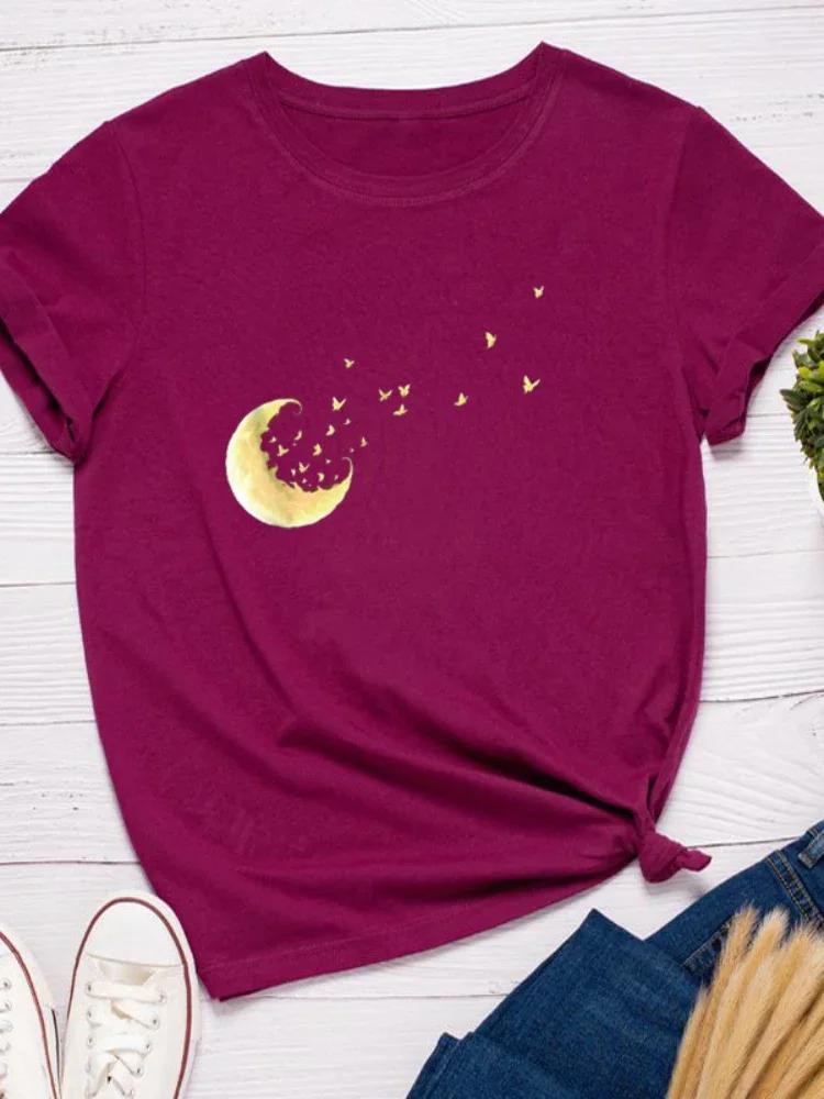 Golden Moon Print Women T Shirt Short Sleeve O Neck Loose Women Tshirt Ladies Fashion Tee Shirt Tops Clothes Camisetas Mujer