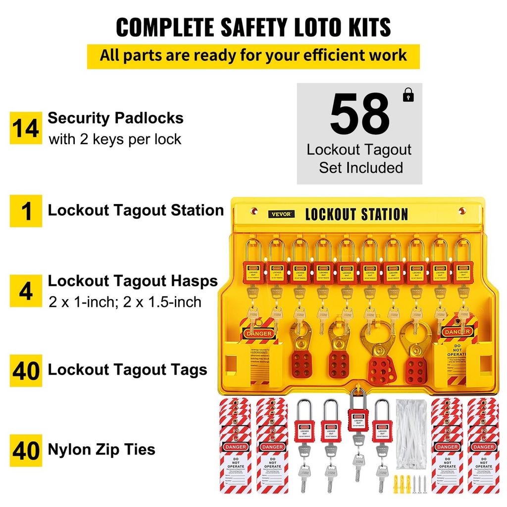 58 PCS Lockout Tagout Kits, Electrical Safety Loto Kit Includes Padlocks, Lockout Station, Hasp, Tags & Zip Ties, Lockout Tagout Safety Tools for