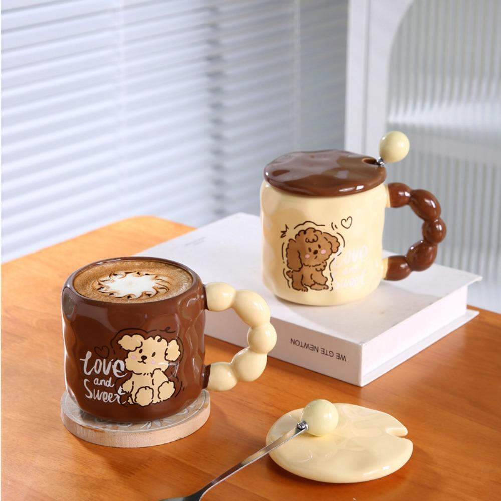 Mug with Lid Spoon Dopamine Ceramic Cup Household Cute Puppy Water Cup Girls Gift Cup Dopamine Color Scheme