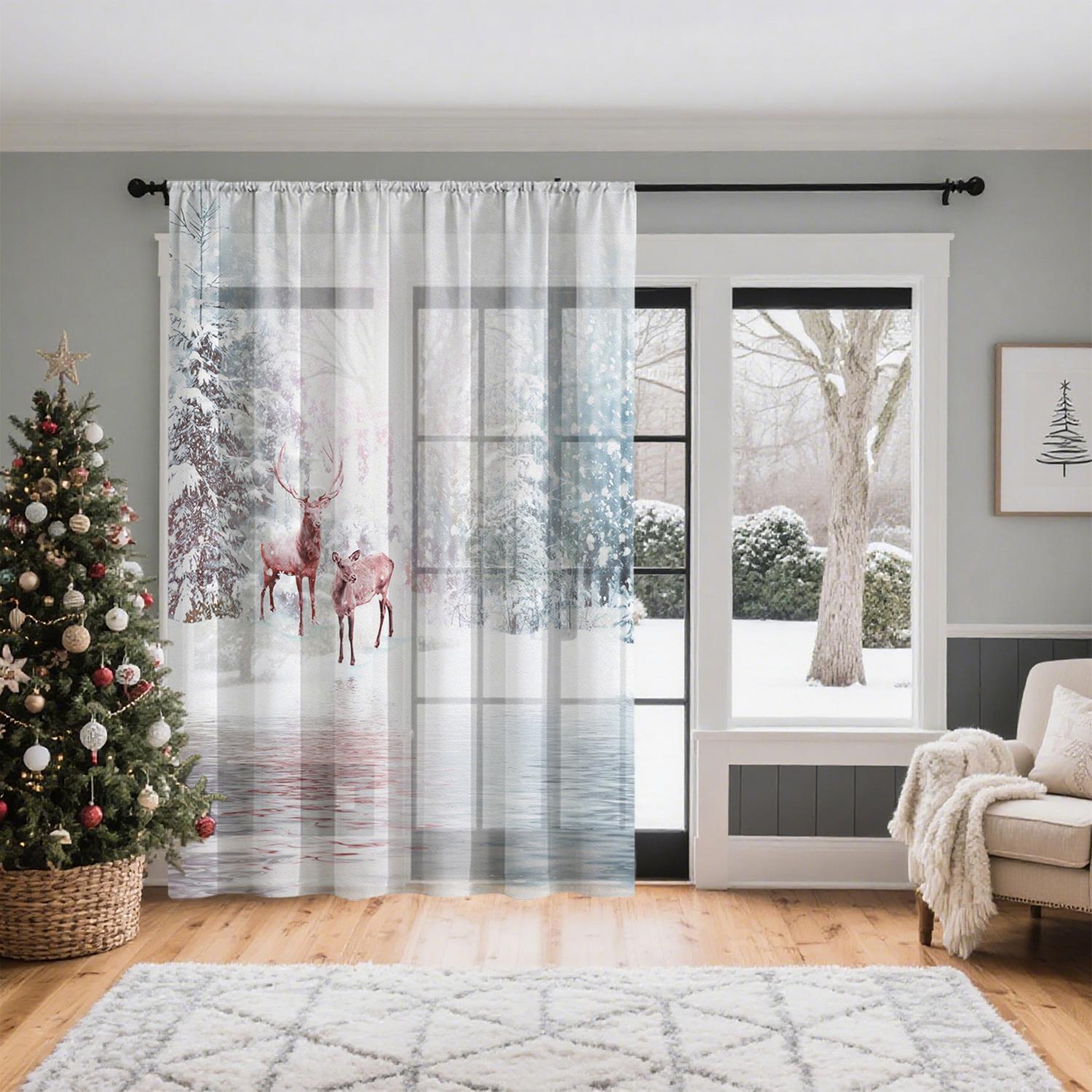 

Winter Fawn Christmas Theme Curtain Lightweight Breathable Polyester Material Design Convenient Decoration Suitable Living Room Bedroom Dining Area W100*H70(CM)-Grommet top&2PCS