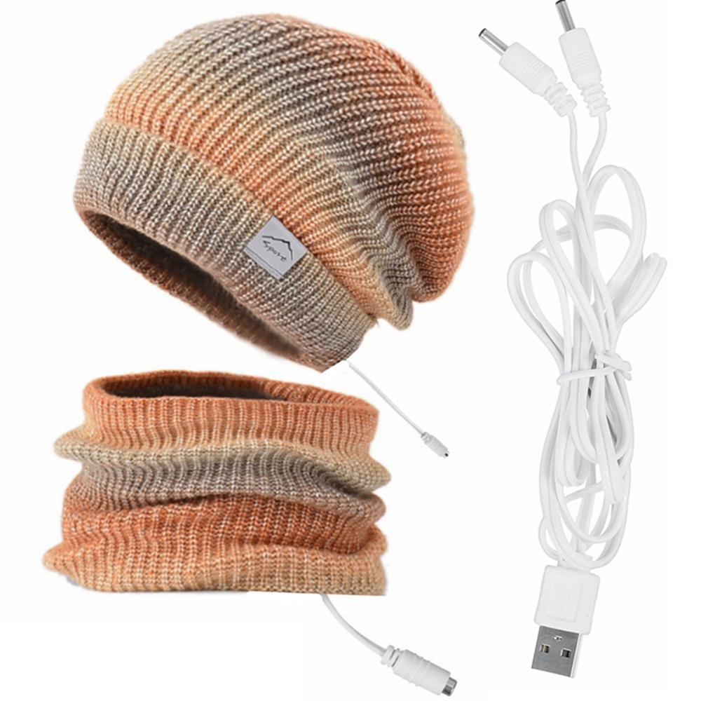 

USB Heated Hat and Scarf Set Knit Beanie Hat Neck Warmer for Men Women Soft Lined Knitted Hat Winter Warm Cap Orange