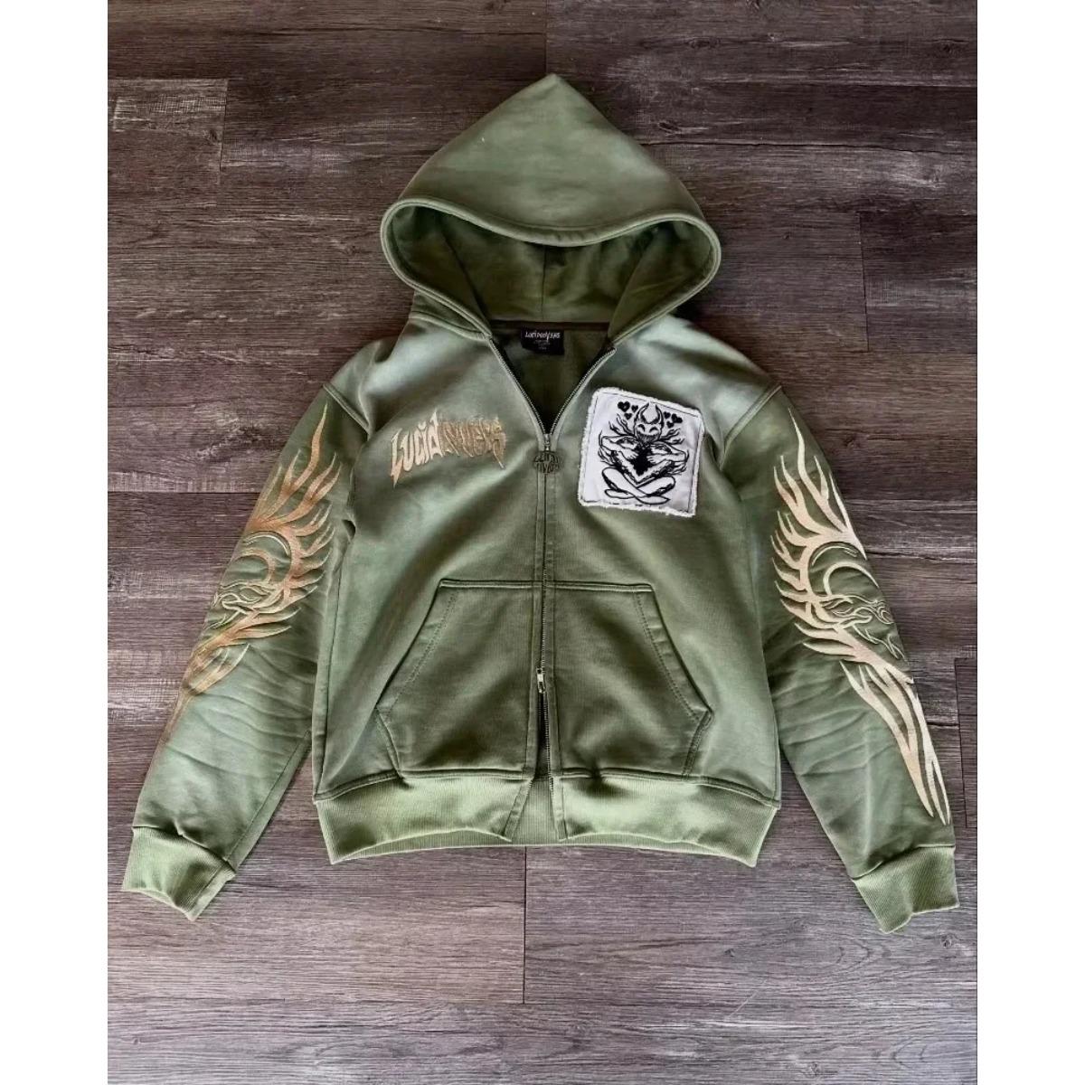 

BeatStreet Американський Рок Готичний Графічний Хутряний Комір Вільна Блискавка Худі Чоловіки та Жінки Y2K Новий Харадзюку Панк Повсякденний Худі Вуличний одяг XL зелений