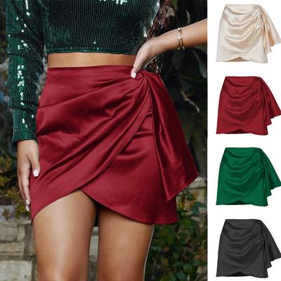 Summer Irregular Zipper Bustier Pleated Positioning Solid Color Satin High-waisted Skirt Comfortable Elegant and Premium Women's