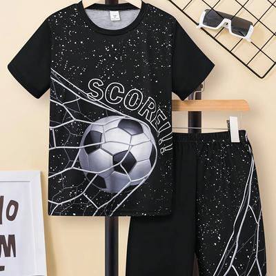 2-teiliges Jungen-Set mit coolem Fußball-Grafikdruck, Kurzarm-T-Shirt und Shorts, bequeme Sommerkleidung für Jungen