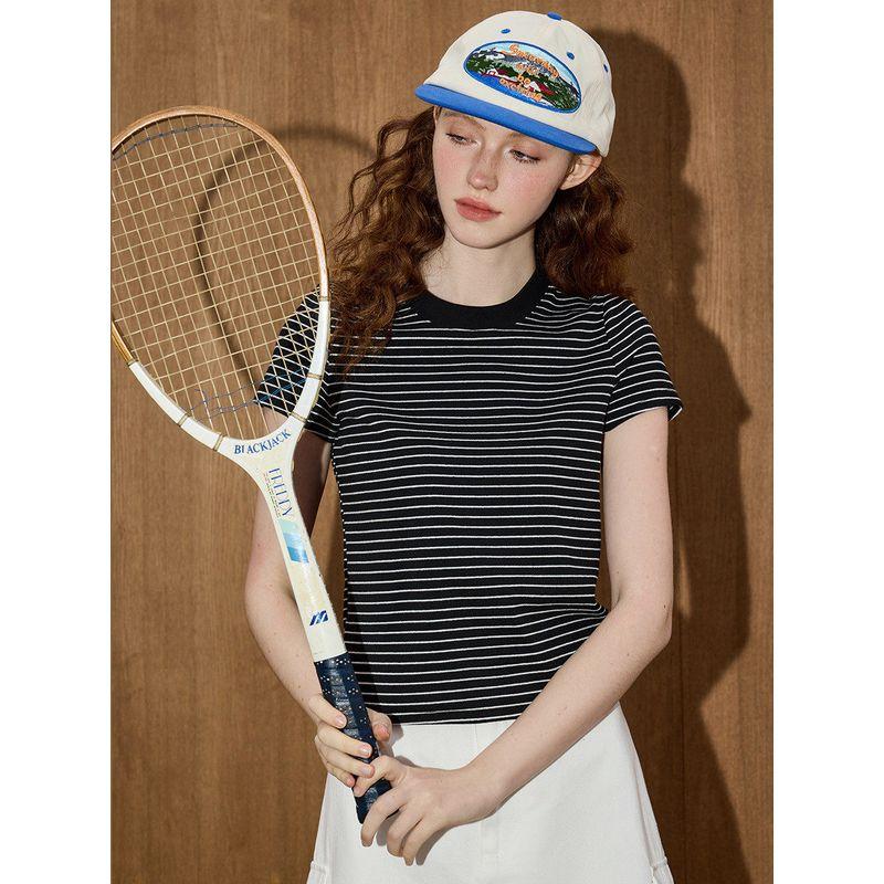Coolhut Color-Block Striped Short-Sleeve Round-Neck Niche Slimming 2025 Summer Women's T-Shirt with Age-Reducing and Stylish Design