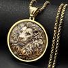 Vintage Lion King Head Glass Round Medal Pendant Necklace for Women Men Gold Plated Stainless Steel Animal Lover Chain Jewelry