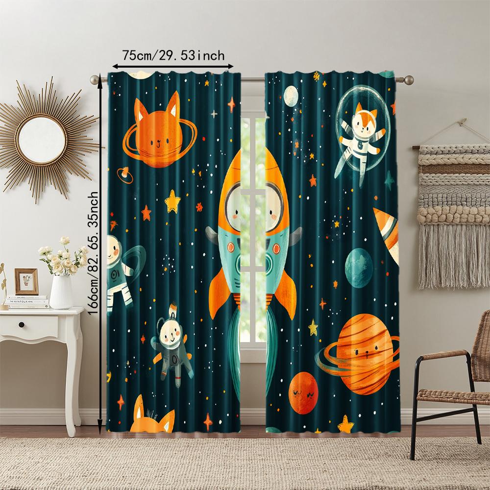 Set Of 2 Versatile Polyester Transparent Curtains Home Decoration Cartoon Spaceman Outer Planet Use Bedrooms Living Curtain Perfect For Bedroom Decor