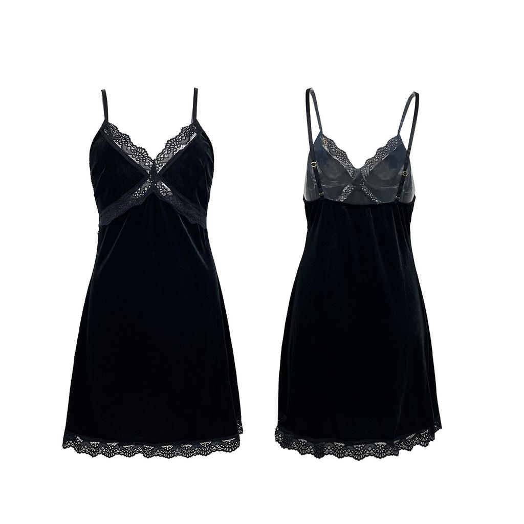 Samt Tiefes V Cami Nachthemd Spitze Patchwork Rückenfrei Schlank Passend Loungewear 585 Luxuriös Verführerisch Nachtwäsche Perfekt für Gemütliche Intime Abende