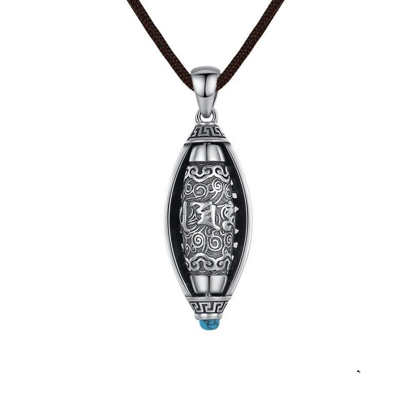 S925 sterling silver lucky transshipment six-character mantra turquoise nine-eye dzi beads pendant necklace retro men and women turn
