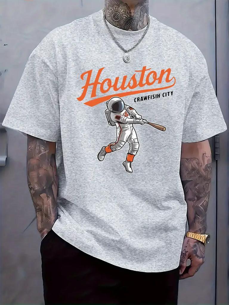 Houston-Themed Graphic T-shirt - Astronaut Baseball Player Print