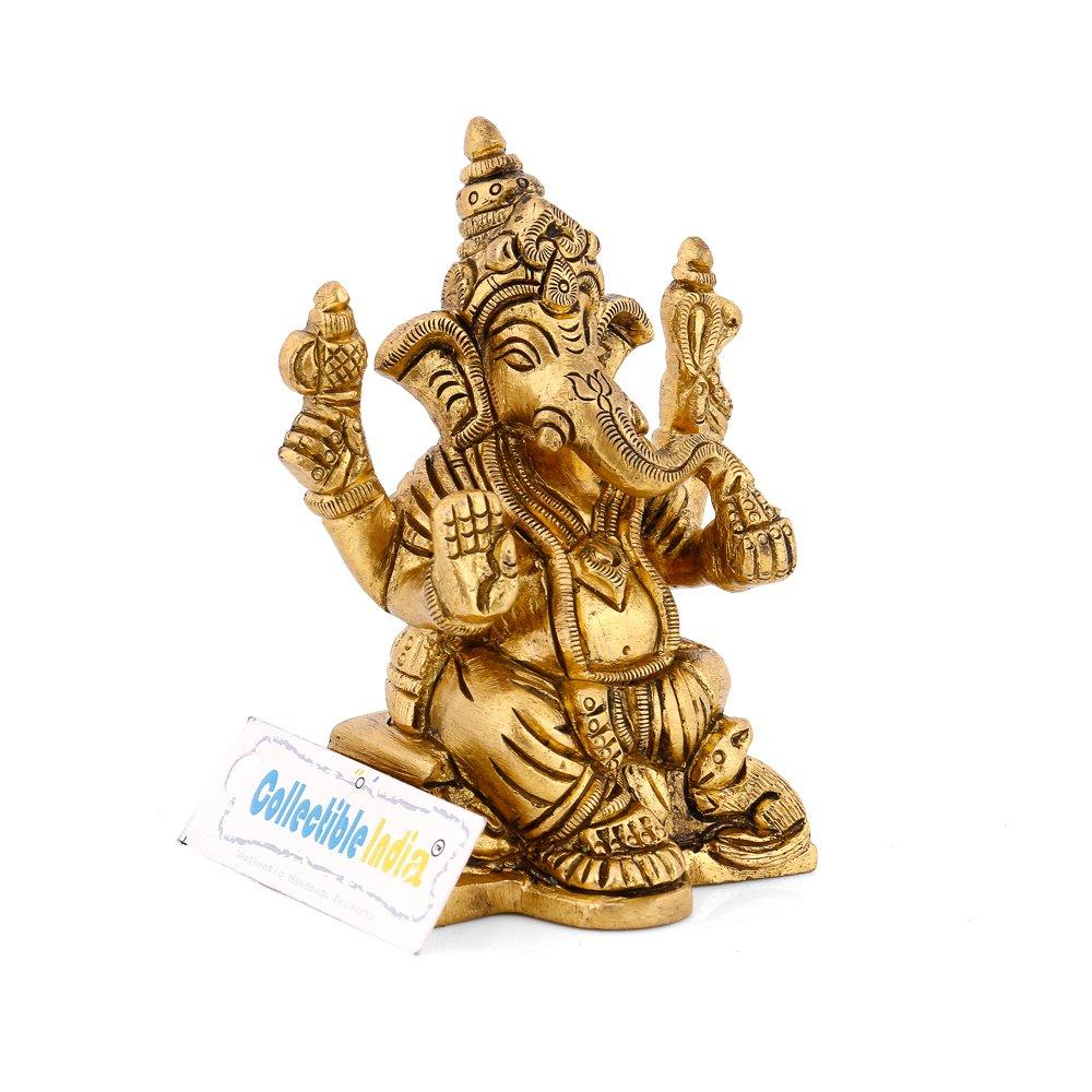 Lord Ganesh Ganesha Staute, Success Idol Sitting Vinayak Figurine, Golden, Brass