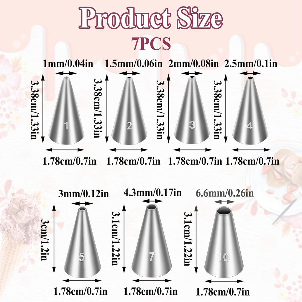 Jeffdad 7 Pcs Round Hole Piping Tips Set, Professional Stainless Steel Cupcake Frosting Nozzles Tool Russian Pastry Icing Dispensers Supplies for