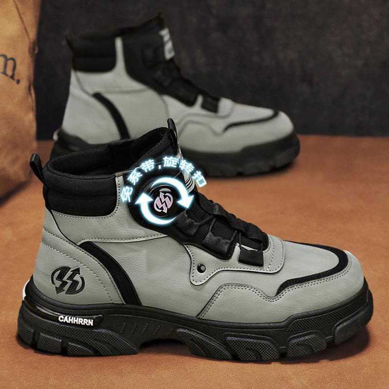 Men's Shoes 2025 Autumn and Winter New Leather Surface Rotating Buckle Tooling Shoes Outdoor Men's Non-slip Thick-soled High-top Casual Shoes