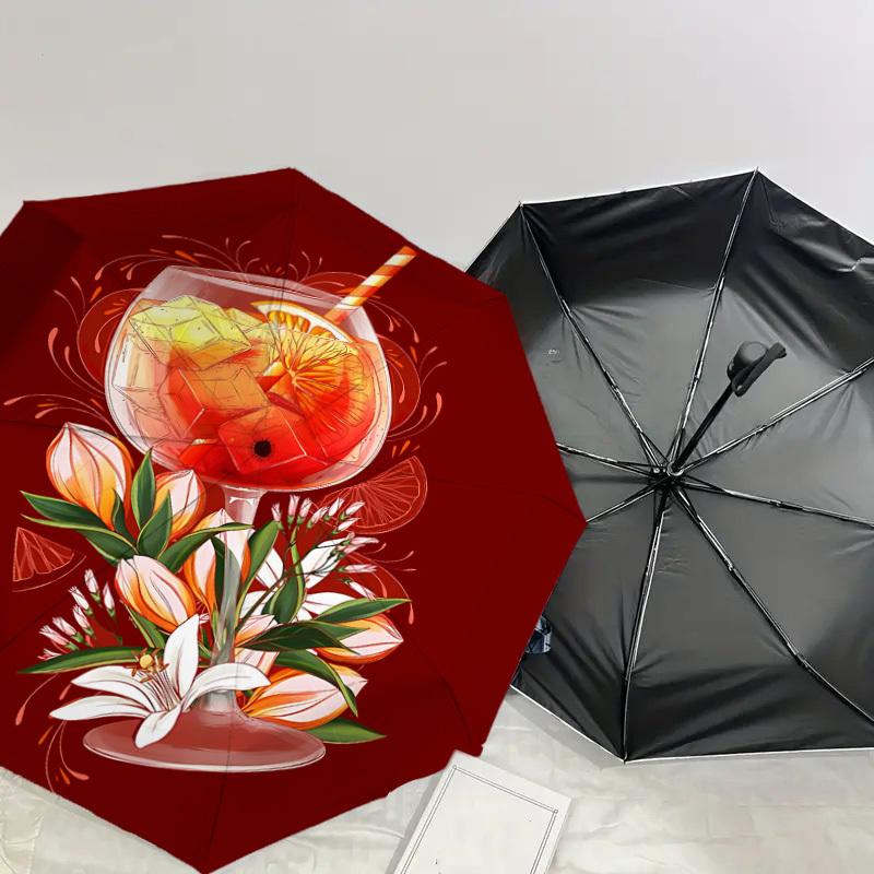 1PC cocktail flowersAutomatic Open/Close Umbrella with Windproof, 8-Rib Sturdy Canopy, Durable Ribs, Fashionable Design, Outdoor Accessory, Fun Prin,