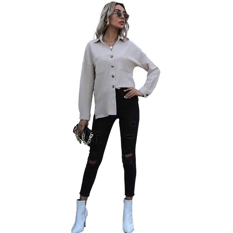 Fashionable and Casual Temperament Women's Long Sleeve Solid Color Lapel Mid-Length Vintage Shirt