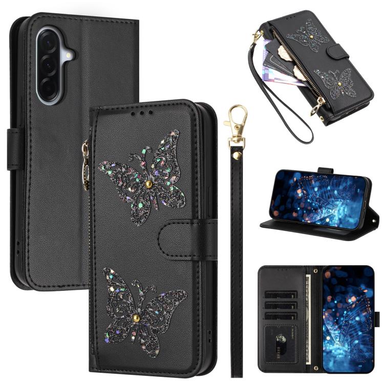 Glitzer Schmetterling Reißverschluss Veganes Leder Handyhülle Für Galaxy A07 4G / A06 5G / A06 4G, Kartenhalter Handgelenkschlaufe Stoßfeste Hülle