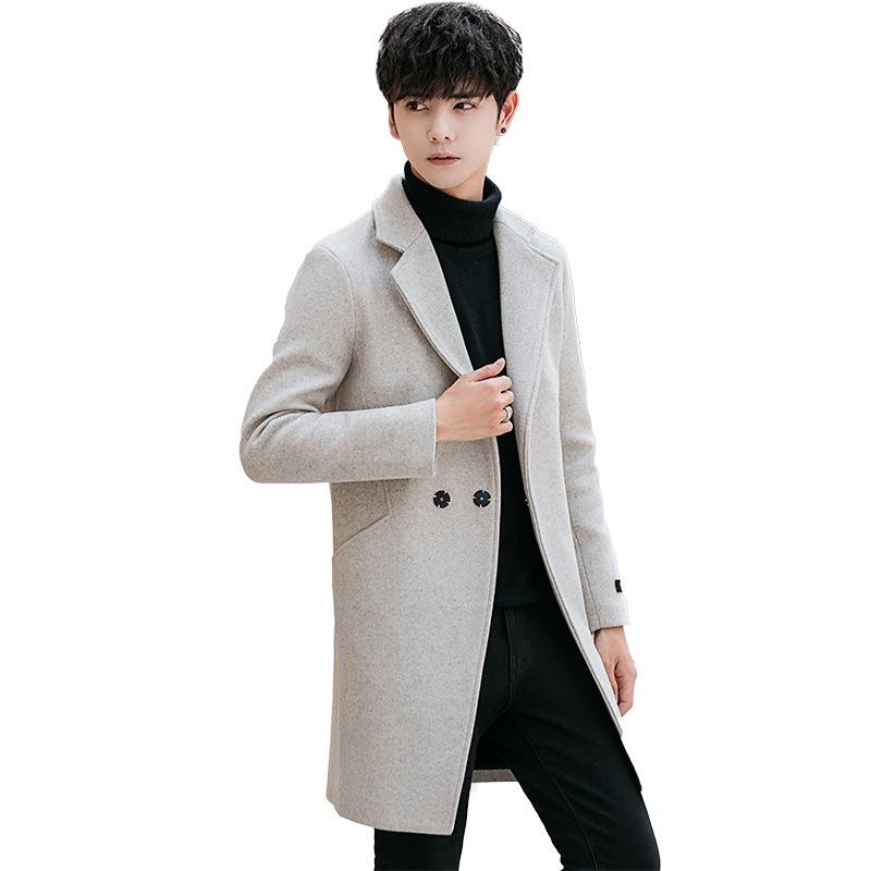 Men's 2022 Korean-Style Woolen Windbreaker Coat with Plus Velvet Long Jacket.