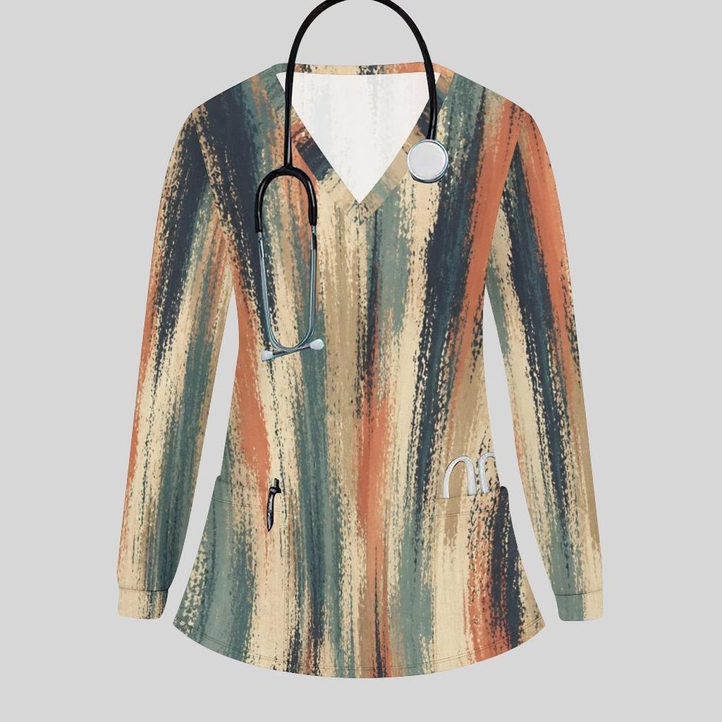 Women Plus Size Geometric Printed Nurse Scrub Top V Neck Long Sleeve With Front Pockets