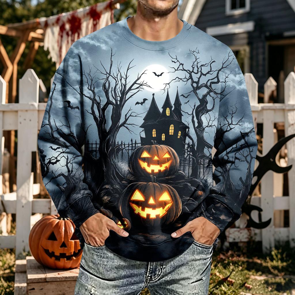 Men's Halloween Print Neck Long Sleeve Sweatshirt Casual Pullover Top