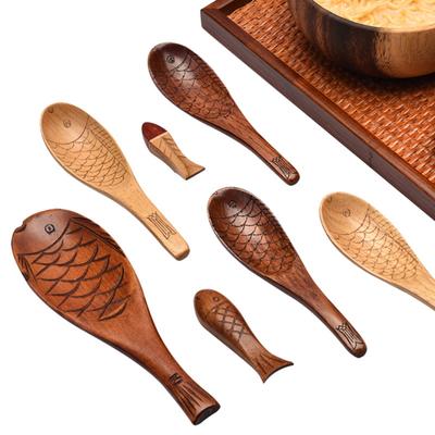 Japanese Style Short Handle Hand Carved Heat-Resistant Wooden Spoon Small Fish-shaped Wooden Rice Spoon Kitchen