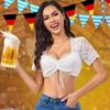 Women Lace Short Sleeve Crop Top Ruched Front Drawstring Blouse Scalloped Square Neck Stretchy Festival Shirt