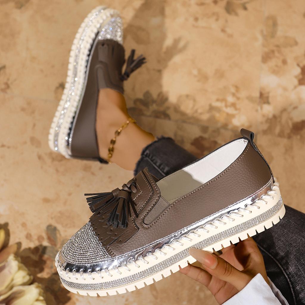 Fashion Aphixta Fringe and Crystals Design Leather Flats Shoes Women Silver Bling Loafers Shoes Woman Flat With Student Footwear Size 43
